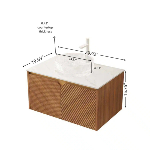 English Elm Muri Floating Bathroom Vanity Plywood Cabinet Sintered Stone Top Oak Drawer W2615S00530