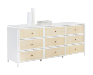 Sunpan TIERRA Dresser - Coastal Charm with Artisan Rattan, Antique White Finish, 9 Spacious Drawers for Storage 109790