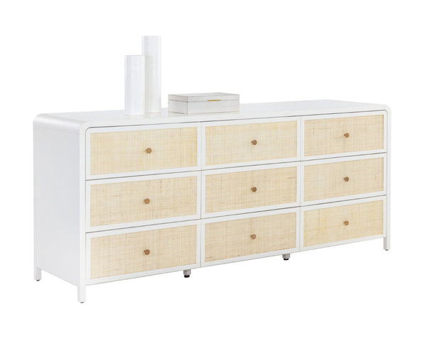 Sunpan TIERRA Dresser - Coastal Charm with Artisan Rattan, Antique White Finish, 9 Spacious Drawers for Storage 109790