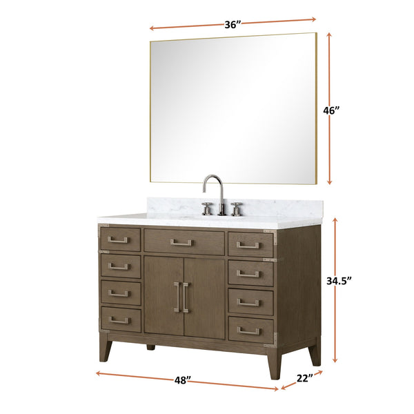 English Elm Grey Oak Single Bath Vanity 48" W x 22" D with Carrara Marble Top, Solid Wood, Soft-Close Drawers, Storage B2731P259814