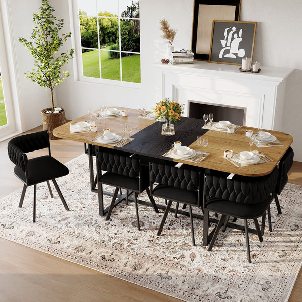 English Elm 9-piece Square Dining Set Velvet Upholstered Chairs Two-tone Tabletop Seats 8 Black,Wood W3875S00142
