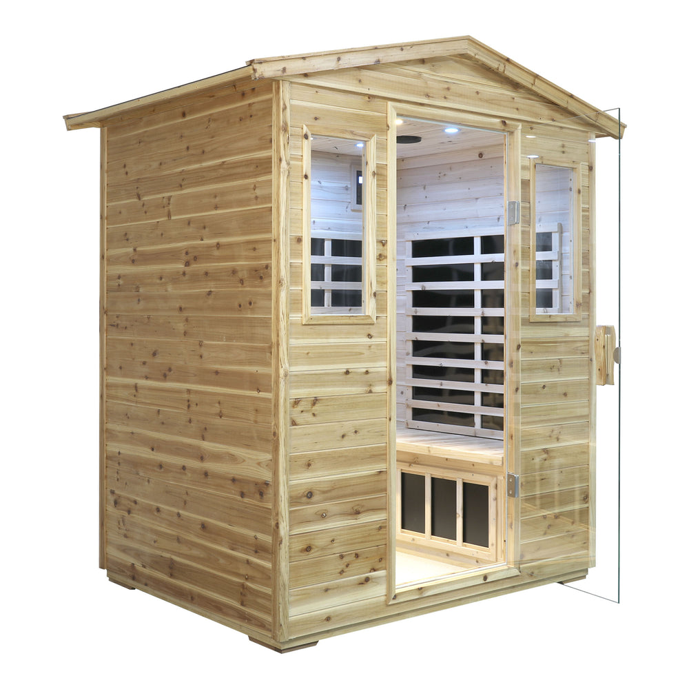 English Elm Four Person Outdoor Infrared Sauna with Solid Fir Wood Bluetooth Audio Low Emf Panels W632S00032
