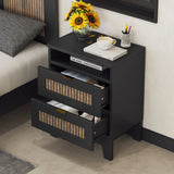 Farmhouse 2-Drawer Nightstand with Metal Handle, Wood Strip Decoration, Storage Cabinet - Black