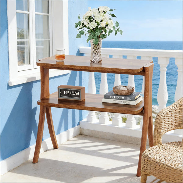 English Elm 2-tier Walnut Wood Grain End Table with Herringbone Legs for Entryway or Living Room T3971P448039