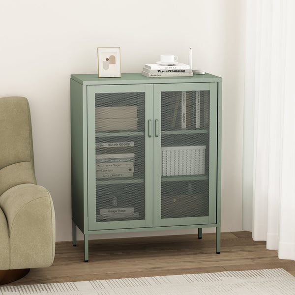 English Elm Amelia Metal Accent Cabinet 32" — Steel Mesh Doors, Adjustable Shelves, Minimalist Legs for Modern Storage Solutions Sage Green B365P397886