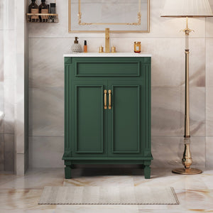 English Elm 24'' Bathroom Vanity with Sink - Solid Wood Frame, Glossy Ceramic Basin, Soft-Close Doors & Ample Storage Elegant Modern Design, Durable MDF Construction, Retro Metal Handles, Compact 24-inch Cabinet Green N710P317675F
