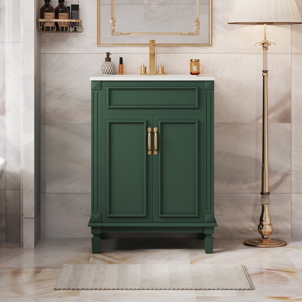 English Elm 24'' Bathroom Vanity with Sink - Solid Wood Frame, Glossy Ceramic Basin, Soft-Close Doors & Ample Storage Elegant Modern Design, Durable MDF Construction, Retro Metal Handles, Compact 24-inch Cabinet Green N710P317675F