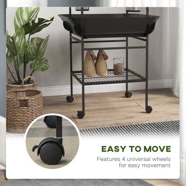 English Elm PawHut Mobile Parrot Play Stand with Wheels, 3 Perches, Stainless Bowls, Pull-Out Tray & Toy Hanger W2225P173754