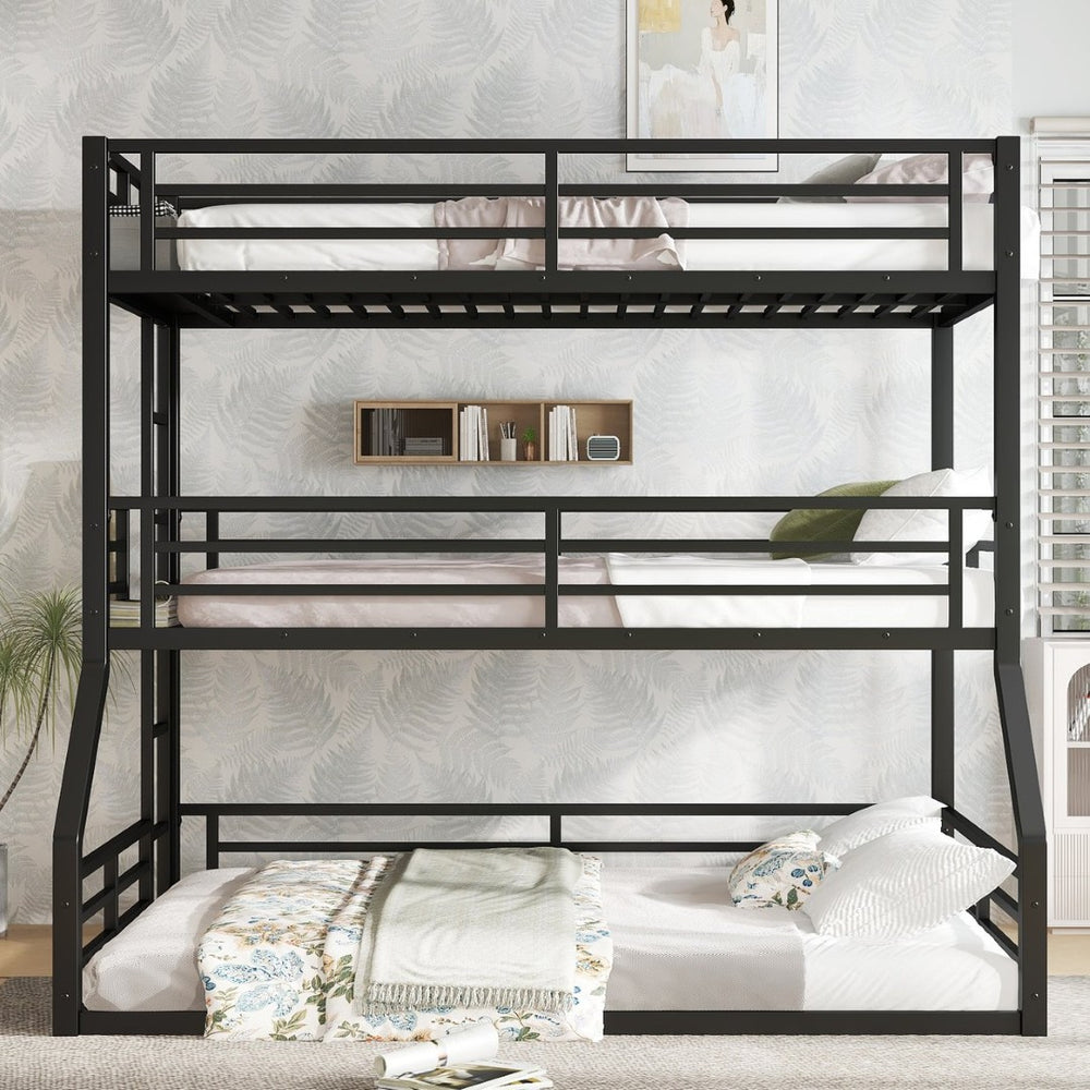 English Elm Twin Metal Triple Bunk Bed With Safety Guardrails - Heavy-Duty, Noise-Reduced Design In Black Finish P2 W1580S00177-GIGA