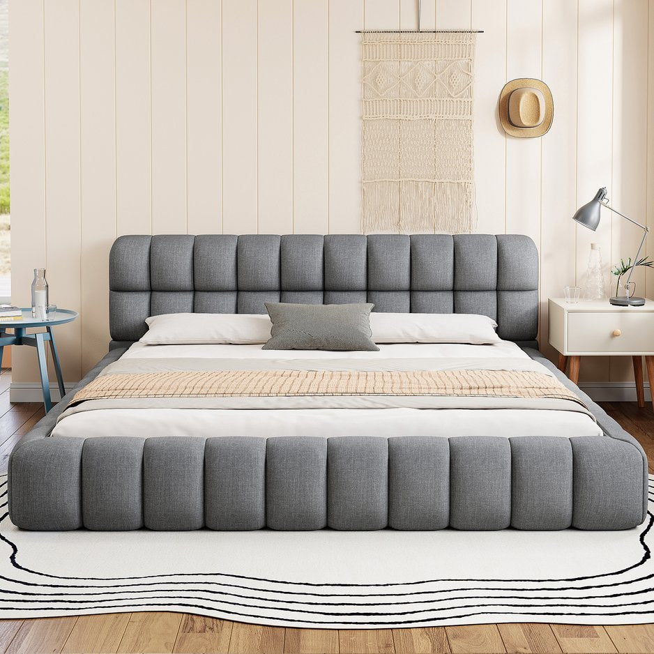 English Elm King Channel Stitched Linen Platform Bed Low Profile Contemporary Upholstered Frame Gray N737P387605E