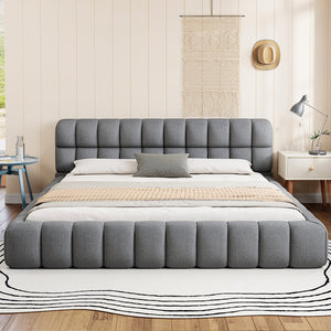 English Elm King Channel Stitched Linen Platform Bed Low Profile Contemporary Upholstered Frame Gray N737P387605E