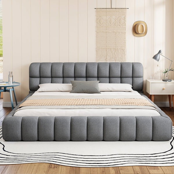 English Elm King Channel Stitched Linen Platform Bed Low Profile Contemporary Upholstered Frame Gray N737P387605E