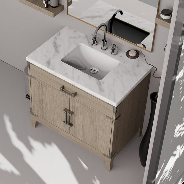 English Elm Grey Oak Single Bath Vanity Set With Carrara Marble Top, Chrome Faucet & 34” Mirror For Chic Bathrooms B2731S02011