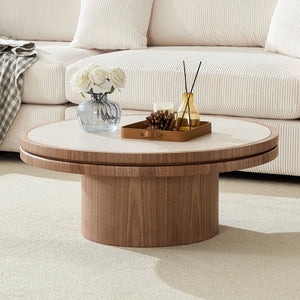 English Elm 35.43 Inch Round Sintered Stone Coffee Table with Mdf Pedestal Base for Modern Living W876S00343