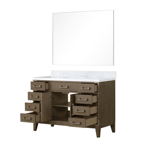 English Elm Grey Oak Single Bath Vanity 48in W x 22in D with Carrara Marble Top, Soft-Close Storage & 46in Mirror B2731S01471