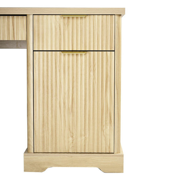 English Elm 55" Fluted White Computer Desk with Power Outlet Pegboard Cabinet and Keyboard Tray W2917P396017