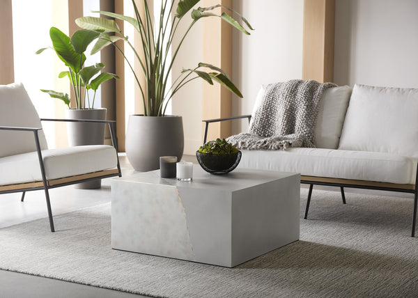 Sunpan Kyson Industrial Coffee Table in Natural Grey Concrete with Silver Foil Design for Modern Spaces