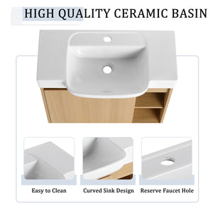 English Elm 28'' Floating Bathroom Vanity with Ceramic Sink Soft Close Door Melamine Cabinet Light Oak W999P426639