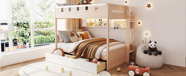 English Elm Full Size Castle Bunk Bed with Led Lighting Built in Shelf and Storage Drawers White LT000159AAK