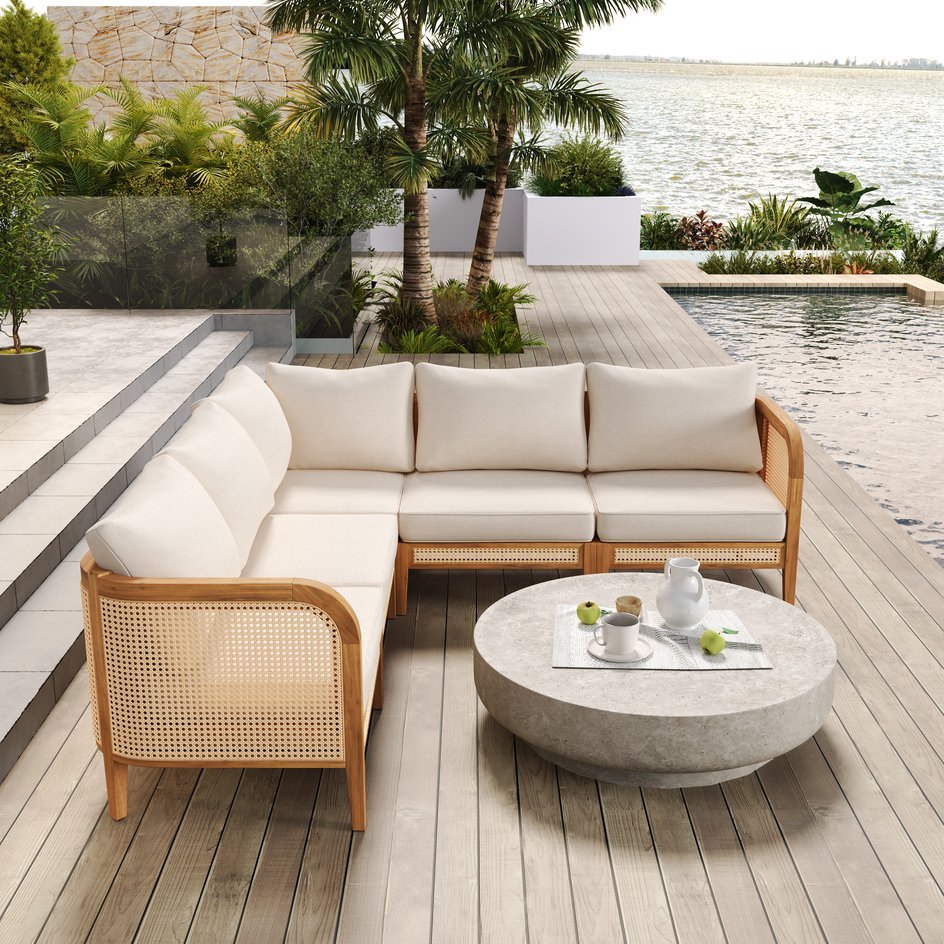 English Elm Kirkby Acacia Wood Outdoor Sectional V Shape Woven Cane 5 Seat Patio Sofa Set KIRKBY5SEATER SOFA