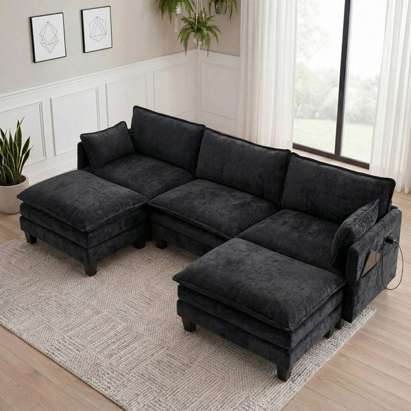 English Elm Modern Chenille Three Seat Sofa with Ottoman Usb Charging Ports and Storage Pockets Black W2519S00002
