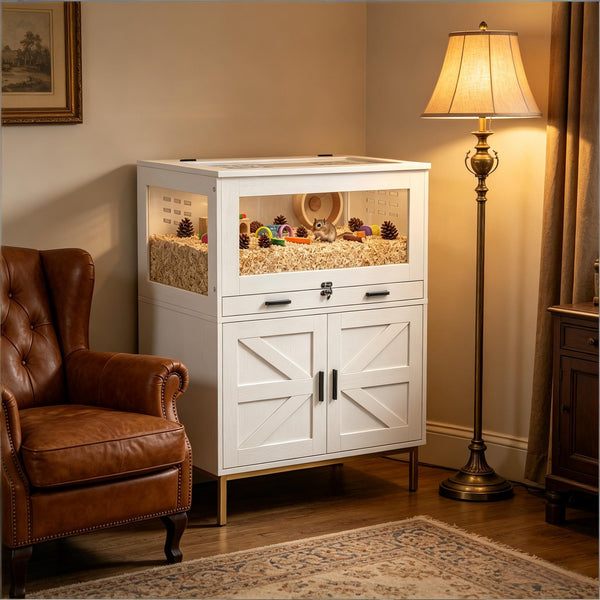 English Elm Spacious Small Animal Habitat with Acrylic Panels Storage Cabinet and Slide Out Tray T3971P500044