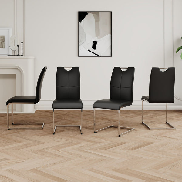 English Elm Modern Faux Leather Dining Side Chairs with Chrome Legs Ergonomic Set of 2 Black+Silver W210127285