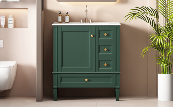 English Elm 30 30 Inch Bathroom Vanity with Ceramic Sink, Modern Compact 3-Drawer Storage Cabinet for Small Baths Green N710P247499F