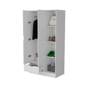 English Elm Bethel Slim Profile Wardrobe Armoire with Hanging Rods Open Shelves and Drawer B128S00223
