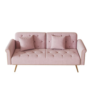English Elm A Velvet 69.7" Sofa Bed with Gold Legs, Nailhead Trim, 2-Seater Convertible Sofa with Pillow Pink W3356P298450