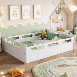 English Elm Twin Low Profile Floor Bed with Guardrails Pine Wood Frame Minimalist Bedroom White W1580P438792