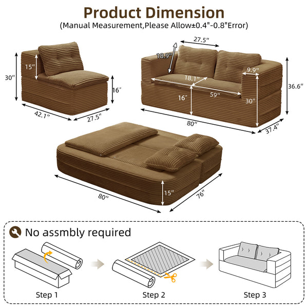 English Elm Multi Functional Sectional Sofa Bed Plush Corduroy Convertible 80" King Sleeper with Chaise, Deep Fluff Camel W3219P339468
