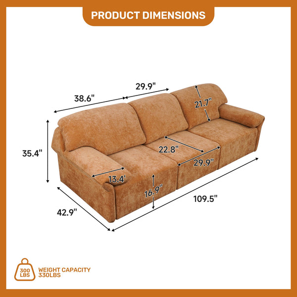 English Elm 3 Seats Power Recliner Sofa Convertible to Bed with Remote, Oversized 29" Seats, Plush Orange Polyester W3795S00003