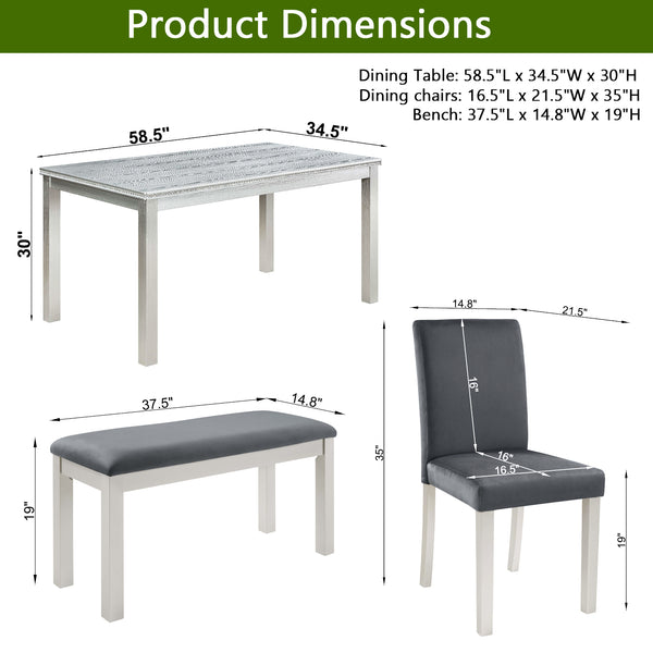 English Elm 6 Piece Wooden Dining Set With Upholstered Chairs And Bench – Elegant Silver Grey Table For 6 W1998S00067