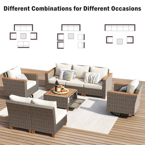 English Elm K&K 8-Piece Wicker Patio Set with 360° Swivel Rockers, Acacia Storage Table, Durable Cushions Beige+Brown N707S000016Z