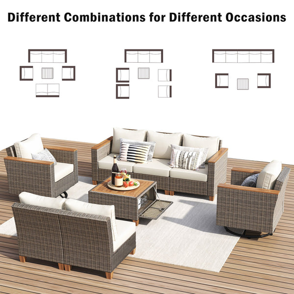 English Elm K&k 8 Piece Outdoor Wicker Sectional Set with Swivel Rockers and Acacia Storage Table Beige+Brown N707S005016Z