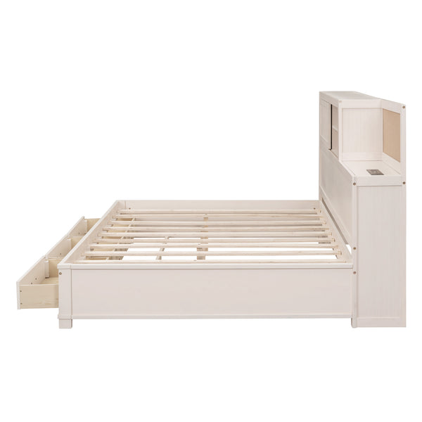 English Elm Full Size Gray Wood Daybed with Storage Drawers Shelf Usb Charging Upholstered Back LP002025AAK-1