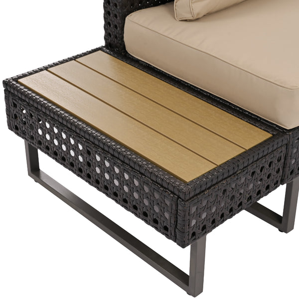 English Elm K&K 6-Pers Diamond Weave Patio Sectional Set with Thick Cushions, Extendable Ice Coffee Table, UV-Resistant Wicker Khaki+Brown N707S000013K