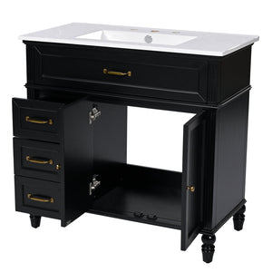 English Elm 36" Modern Bathroom Vanity with Ceramic Sink, Solid Wood + MDF Frame, Sleek Freestanding Design Black N725P195410B