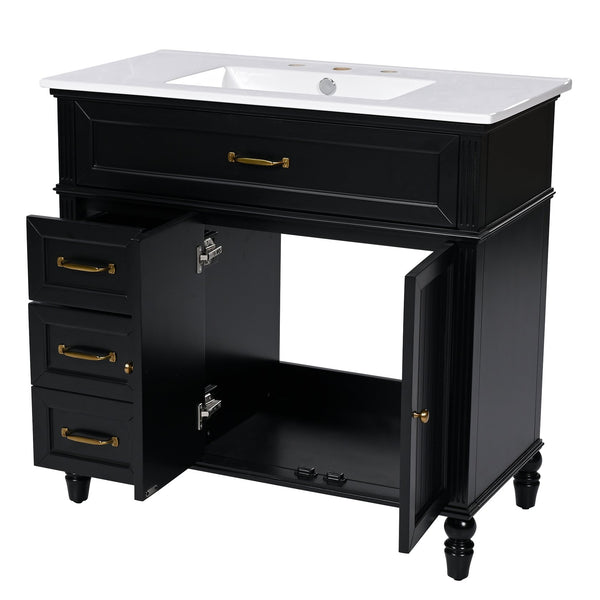 English Elm 36" Modern Bathroom Vanity with Ceramic Sink, Solid Wood + MDF Frame, Sleek Freestanding Design Black N725P195410B