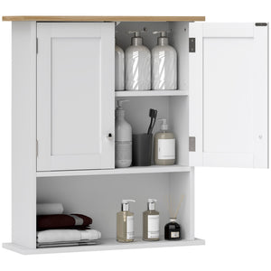 English Elm HOMCOM Modern Wall Bathroom Cabinet with 2 Doors, Adjustable Shelves, Oak Top & Open Shelf, White W2225P250003
