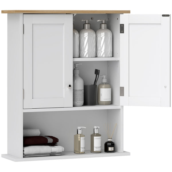 English Elm HOMCOM Modern Wall Bathroom Cabinet with 2 Doors, Adjustable Shelves, Oak Top & Open Shelf, White W2225P250003