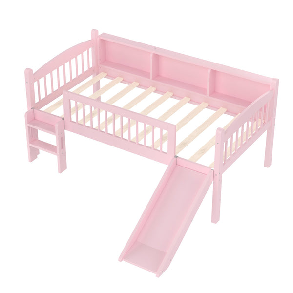 English Elm Twin Xl Solid Pine Loft Bed with Built-in Led Lighting and Storage Shelves Pink W1580S00365