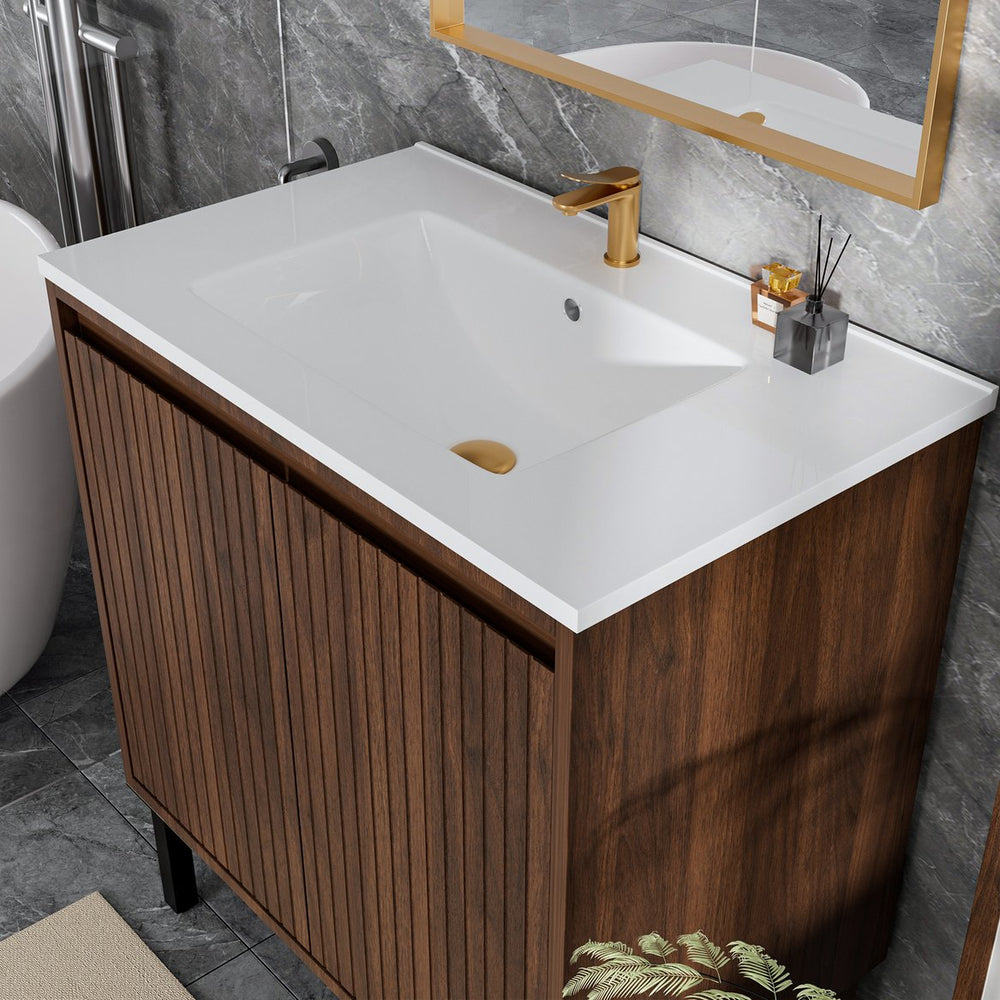 English Elm 30 Inch Floating Bathroom Vanity Matte Brown Wall-Mount MDF with Large Drawers Durable Storage PMID W3520P349558