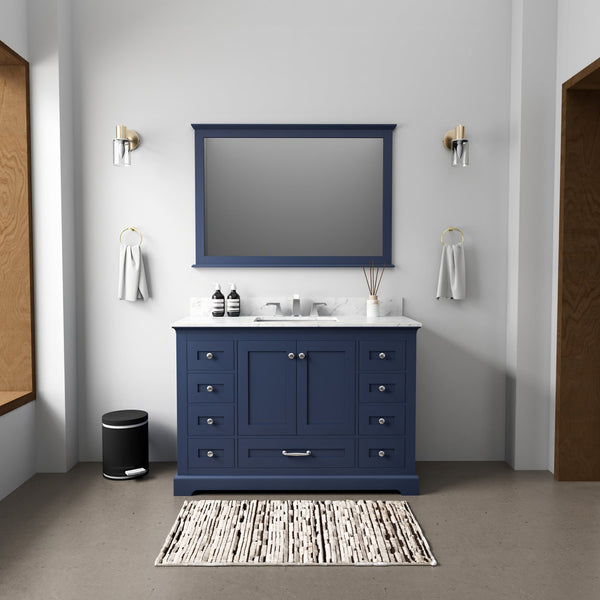 English Elm Navy 48" Single Bath Vanity with Carrara Marble Top, Scratch-Resistant Surface, Chrome Faucet & 46" Mirror B2731S01238