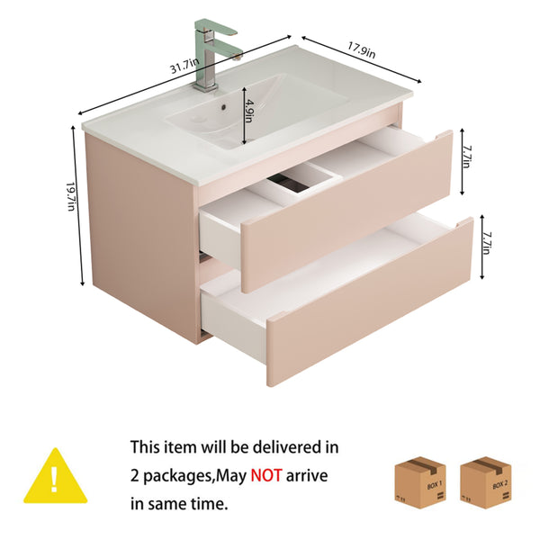English Elm 32-Inch Modern Wall-Mounted Bathroom Vanity With Ceramic Sink, Soft-Close Drawers, Stylish Pink Finish W3151S00045
