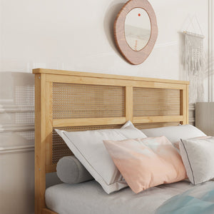 English Elm Full Full Size Bed with Rattan Headboard and Two Underbed Storage Drawers, Rubberwood Slat Support White Oak W504P269606