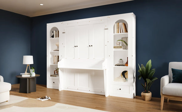 English Elm Queen Murphy Bed with Led Lighting Side Cabinets Shelving and Fold Down Desk Panel White N7090002226K-1