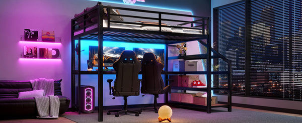 English Elm Full Loft Bed With Integrated Desk, Storage Stairs, Led Lights & Usb Ports For Modern Spaces W1580S00478