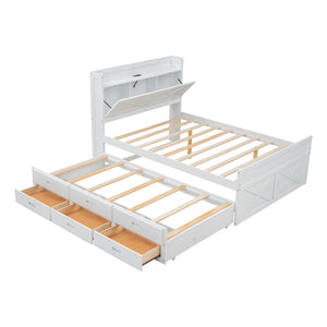 English Elm Full Full Size Wooden Bed with Storage Headboard, Built-In Outlets, Trundle & 3 Drawers for Space-Saving Bedrooms White 80.51 L x 17.12 W x 4.57 H N733S172712K